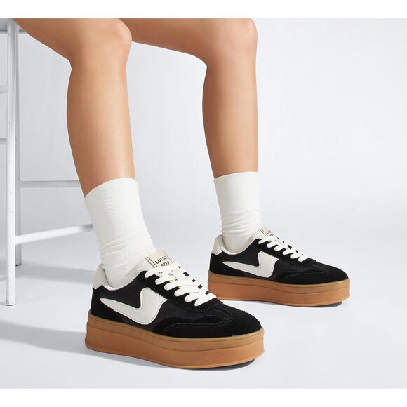 Women Platform BlackWhite Sneaker Thick Sole Suede Leather Low Top Walking Shoes - Picture 8 of 9